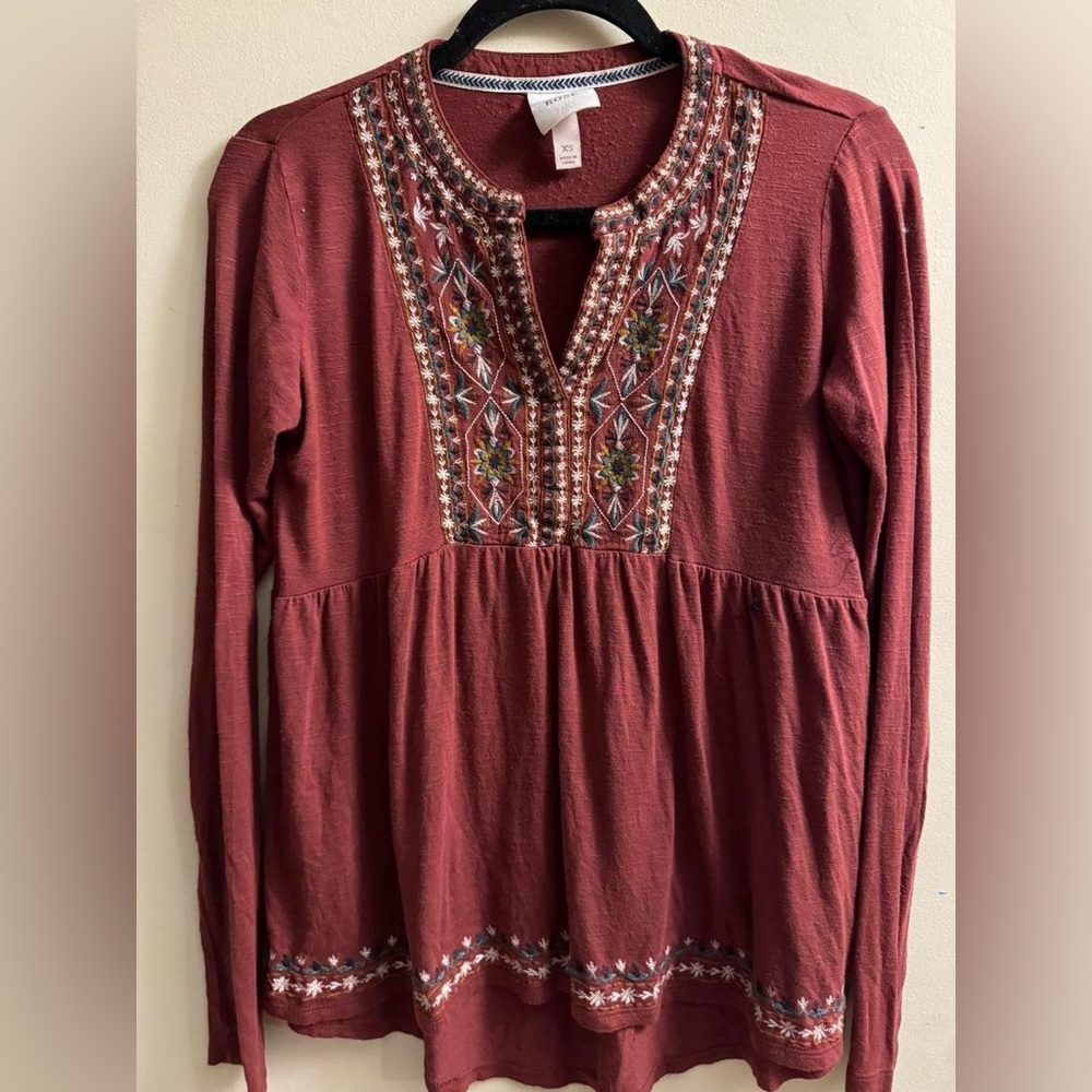 Embroidered Rust Long Sleeve Top